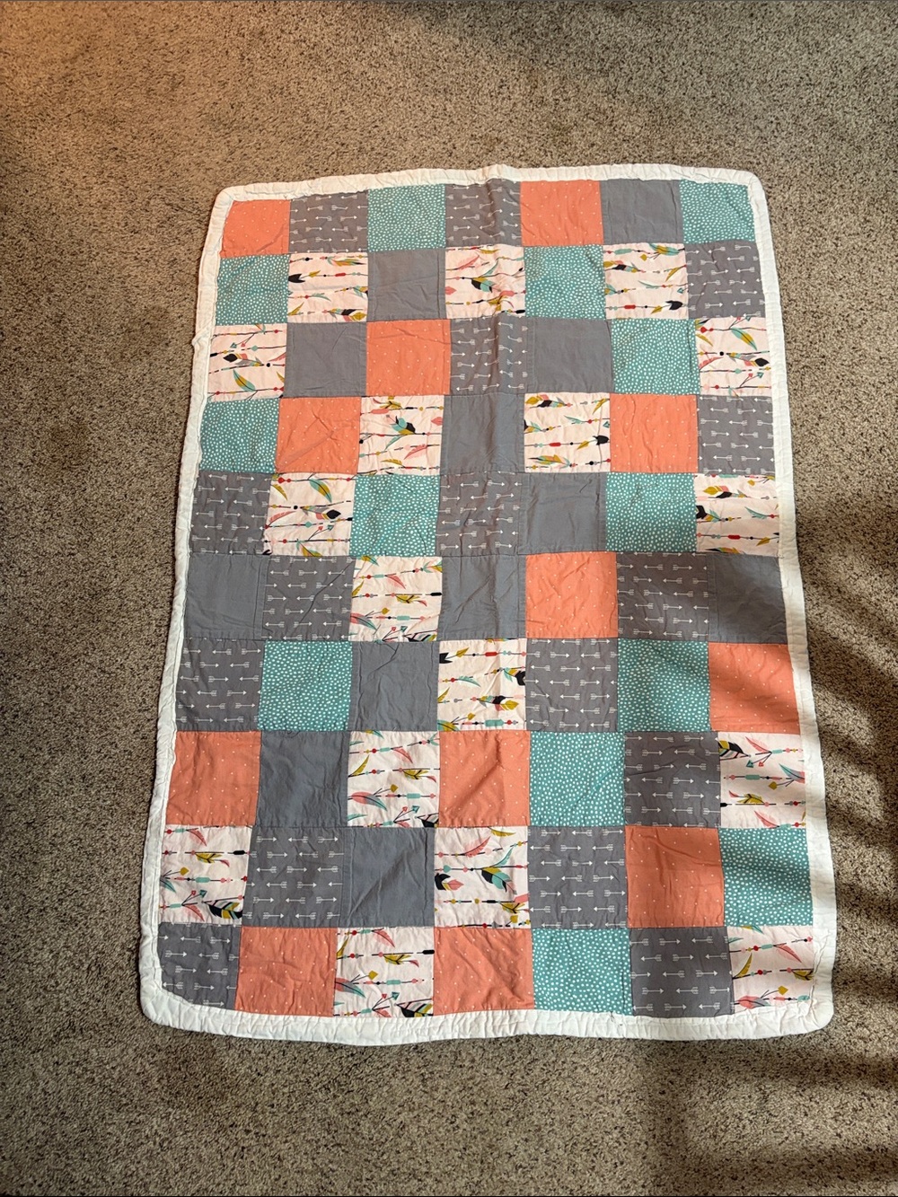 Handmade Coral, Gray & Teal Patchwork Baby Quilt